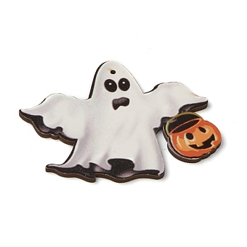 Natural Wood Big Pendants, for Halloween, Ghost with Pumpkin, White, 85x111x4mm, Hole: 3mm