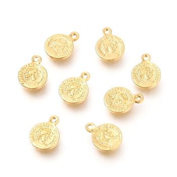 Brass Pendants, Flat Round with Word and Woman, Real 18K Gold Plated, 8x6x1mm, Hole: 0.8mm
