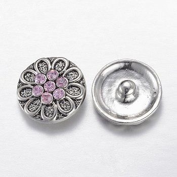 Alloy Rhinestone Snap Buttons, Jewelry Buttons, Flat Round with Flower, Antique Silver, Light Rose, 20x8mm
