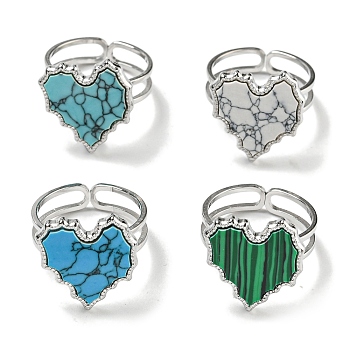 304 Stainless Steel Open Cuff Rings, Synthetic Malachite & Turquoise Heart Finger Rings for Women Men, Stainless Steel Color, Adjustable