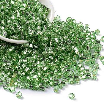 Glass Seed Beads, Silver Lined, Square, Light Green, 3~4x3x3mm, Hole: 1.2mm, about 6300pcs/pound