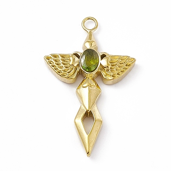 Vacuum Plating 201 Stainless Steel Pendants, with Rhinestone, Real 18K Gold Plated, Sword with Wing Charms, Olivine, 44.5x27x6mm, Hole: 3mm