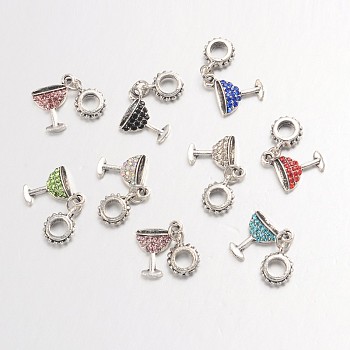 Large Hole Alloy Glass Rhinestone European Dangle Charms, Cocktail Glass, Antique Silver, Mixed Color, 28mm, Hole: 4.5mm