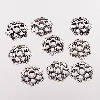 6-Petal Filigree Flower Tibetan Silver Fancy Bead Caps, Lead Free & Nickel Free & Cadmium Free, Antique Silver, about 13.5mm in diameter, Hole: 2mm
