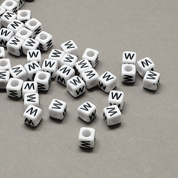 Large Hole Acrylic Letter European Beads, Horizontal Hole, White & Black, Cube with Letter.W, 7~8x7~8x7~8mm, Hole: 4mm, about 1144pcs/500g