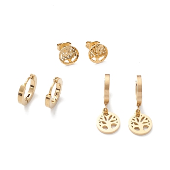 3 Pairs 3 Style Ion Plating(IP) 304 Stainless Steel Tree of Life Dangle Hoop Earrings, Stud Earrings for Women, Golden, 9~27mm, Pin: 1mm, 1 Pair/style