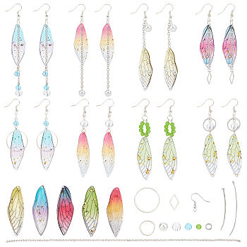 DIY Earring Making Kits, Including Insects Wing Transparent Epoxy Resin Big Pendants, Glass Beads, Brass Findings, Platinum, Beads: 44pcs