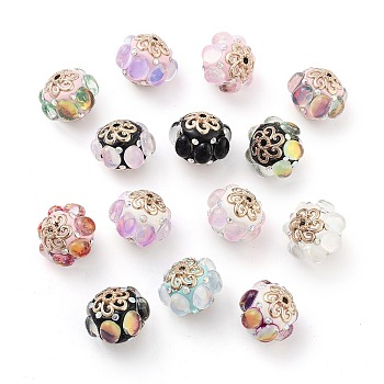 Handmade Indonesia Beads, with Alloy, Resin and Glass, Oval, Golden, Mixed Color, 20x17mm, Hole: 1.9mm