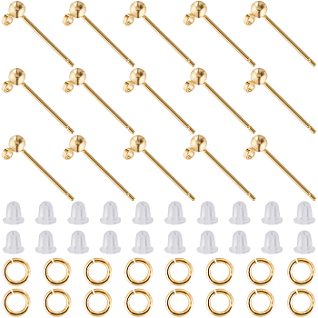 80Pcs Brass Stud Earrings Findings, Round Ball Stud Earring Post with Horizontal Loops, with 100Pcs Plastic Ear Nuts, 80Pcs Open Jump Rings, Real 18K Gold Plated, 13mm, Hole: 1.2mm, Pin: 0.7mm