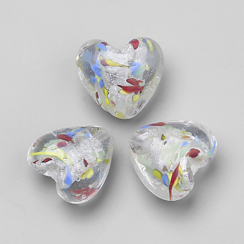 Handmade Silver Foil Lampwork Beads, Heart, White, 21x20x13mm, Hole: 2mm