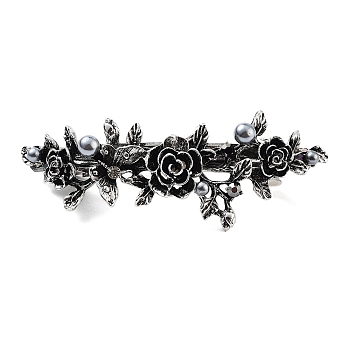 Flower Alloy Rhinestone Hair Barrettes, with Iron and Plastic Imitation Pearl, for Woman Girls, Antique Silver, 23x83x25mm