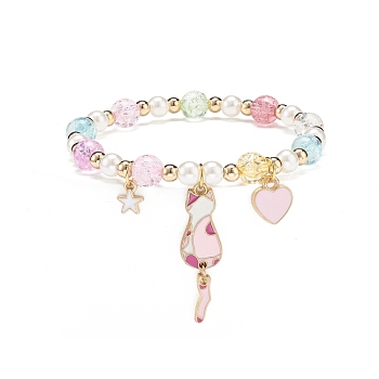 Colorful Alloy Enamel Cute Charms Bracelet, Plastic Pearl & Acrylic & Synthetic Hematite Round Beaded Bracelet for Women, Cat Pattern, Pendant: 8~35x6.5~10x1~2mm, Inner Diameter: 2-1/8 inch(5.5cm)