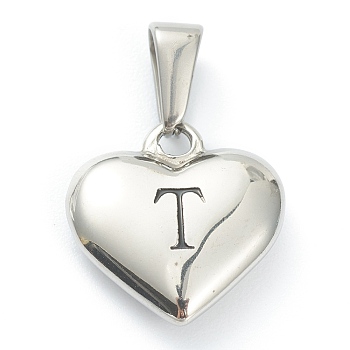 304 Stainless Steel Pendants, Heart with Black Letter, Stainless Steel Color, Letter.T, 16x16x4.5mm, Hole: 7x3mm