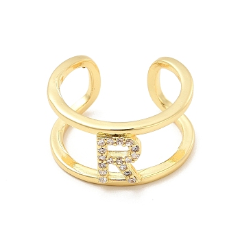 Clear Cubic Zirconia Initial Letter Open Cuff Ring, Real 18K Gold Plated Brass Double Line Ring for Women, Lead Free & Cadmium Free, Letter.R, US Size 6(16.5mm)