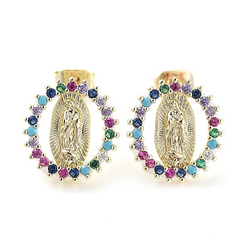 Brass Micro Pave Colorful Cubic Zirconia Stud Earrings for Women, Oval with Virgin Mary, Real 18K Gold Plated, 13x12mm