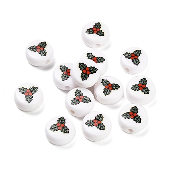 Christmas Theme Printed Opauqe Acrylic Beads, Leaf, 10x10x5mm, Hole: 1.8mm