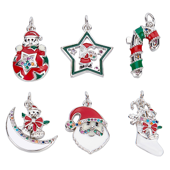 6Pcs 6 Style Christmas Themed Brass Micro Pave Cubic Zirconia Pendants, with Enamel and Jump Ring, Long-Lasting Plated, Santa Claus/Christmas Sock/Gingerbread Man, Mixed Color, 19~20.5x11.5~18x2~4mm, Jump Ring: 5x0.7mm, 3.6mm Inner Diameter, 1pc/style