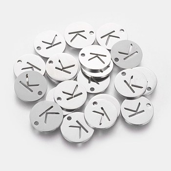 Non-Tarnish 201 Stainless Steel Charms, Flat Round with Letter, Stainless Steel Color, Letter.K, 12x1mm, Hole: 1.5mm