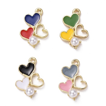 Alloy Pendants, with Enamel and Plastic Imitation Pearl, Heart, Light Gold, Mixed Color, 19x13x5mm, Hole: 1.5mm