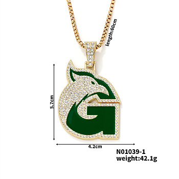 Hip-hop Style Alloy Crystal Rhinestone Eagle Animal Alphabet G Pendant Necklaces, Golden, 23.62 inch(60cm)