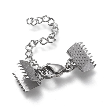 304 Stainless Steel Curb Chain Extender, with Lobster Claw Clasps and Ribbon Crimp Ends, Stainless Steel Color, 33mm long, Ribbon Ends: 10.5x8.5mm