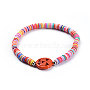 Handmade Polymer Clay Heishi Beads Braided Bracelets, with Synthetic Turquoise(Dyed) Beads, Brass Bead Spacers and Nylon Thread, Halloween, Pumpkin, Colorful, 2-1/8 inch(5.5cm)(BJEW-JB04427-02)