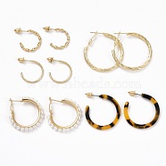 Ring Shape Stud Earrings Set, Imitation Pearl Beads Half Hoop Earrings, Open Hoop Earrings for Women, Golden, 19~35x1.5~5mm, Pin: 0.8mm, 5 pairs/set(EJEW-D277-08G)
