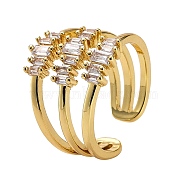 Three Line Cubic Zirconia Cuff Ring, Real 18K Gold Plated Brass Hollow Wide Open Ring for Women, Real 18K Gold Plated, 7~11.5mm, Inner Diameter: 17.9mm(RJEW-SZ0001-17)