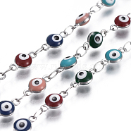 304 Stainless Steel Link Chains, with Enamel, Soldered, Flat Round with Evil Eye, Stainless Steel Color, Mixed Color, 9x4.5x2.5~3mm(CHS-I004-10P)