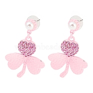 Saint Patrick's Day Zinc Alloy Clover Dangle Stud Earrings with Rhinestones, Pink, 48x29mm(EJEW-Q784-03P-02)