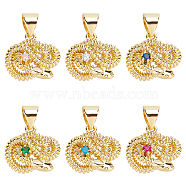 Nbeads 6Pcs 6 Colors Brass Micro Pave Cubic Zirconia Charms, Cadmium Free & Nickel Free & Lead Free, Real 16K Gold Plated, Snake, Mixed Color, 13.5x14x6mm, Hole: 3x5mm, 1pc/color(KK-NB0001-75)