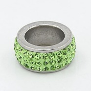 304 Stainless Steel Column Beads, with Polymer Clay Rhinestone, Stainless Steel Metal Color, Peridot, 13x6mm, Hole: 8mm(RB-I065-05)