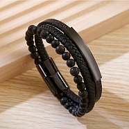 Natural Lava Rock & Glass Round Beaded Bracelets, Multi-strand Imitation Leather Cord Bracelets for Men Women, with 304 Stainless Steel Magnetic Clasps, 8 inch(20.2cm)(BJEW-G732-02A)