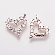 Brass Micro Pave Grade AAA Cubic Zirconia Charms, Heart, Cadmium Free & Nickel Free & Lead Free, Real Rose Gold Plated, 15x13x2mm, Hole: 1mm(ZIRC-G086-01RG-NR)
