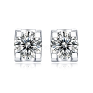 Rhodium Plated 925 Sterling Silver Micro Pave Cubic Zirconia Ear Studs for Women, Rectangle, Real Platinum Plated, 7.5x5mm(EJEW-P231-05P)