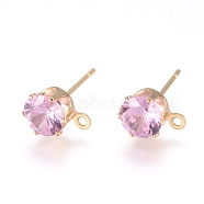 Brass Stud Earring Findings, with 316 Surgical Stainless Steel Pin, Cubic Zirconia and Loop, Long-Lasting Plated, Flat Round, Real 14K Gold Plated, Pink, 8x6x5.5mm, Hole: 1mm, Pin: 0.7mm(KK-L199-B04-G)