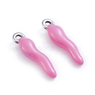 304 Stainless Steel Pendants, Enamelled Sequins, Horn of Plenty/Italian Horn Cornicello Charms, Stainless Steel Color, Pearl Pink, 17.5x4.5x3.5mm, Hole: 1mm(STAS-I148-02P-12)