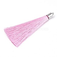 Fiber Tassel Big Pendant Decorations, with Platinum Plated Brass Finding, Pearl Pink, 70~73x7~25mm, Hole: 1.8mm(FIND-R085-020)