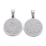 201 Stainless Steel Pendants, with Crystal Rhinestone and Stainless Steel Snap On Bails, Flat Round, Stainless Steel Color, 23x20x3mm, Hole: 3x7mm(STAS-N095-038P)