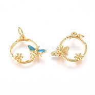 Brass Charms, with Enamel and Jump Rings, Ring with Butterfly & Flower, Sky Blue, Golden, 11.5x14x3mm, Hole: 3.2mm(ZIRC-L070-82G)