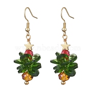 Christmas Tree Glass Dangle Earrings, with 304 Stainless Steel Earring Hooks, Golden, 51x17mm(EJEW-JE06128)