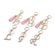 Alloy Rhinestone Keychain, with Lobster Claw Clasps and PU Leather Tassel, Alphabet, Letter A~Z, Light Gold, 9.3~12.3cm(KEYC-XCP0001-11LG)