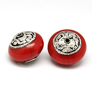 Handmade Tibetan Style Beads, Thailand 925 Sterling Silver with Turquoise, Coral and Beeswax, Flat Round, Antique Silver, Dark Red, 22x17.5mm, Hole: 2mm(TIBEB-K023-02C-22mm)