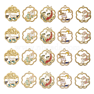 Golden Plated Alloy Enamel Pendants, Flower Shape with White Cat & Deer Pattern, White, 29~30x27~28mm, 20pcs/Box(ENAM-CJ0001-62)