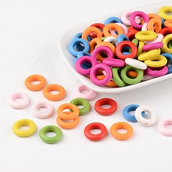 Mixed Color Donut Natural Wood Beads, Dyed, Lead Free, about 15mm in diameter, 4mm thick, hole: 8mm(X-TB233Y)