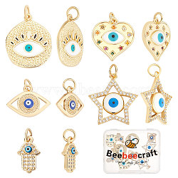 10Pcs 5 Style Brass Micro Pave Clear Cubic Zirconia Pendants, with Enamel and Jump Ring, Hamsa Hand/Hand of Miriam with Evil Eye & Star with Evil Eye, Real 18K Gold Plated, 11.5~19.5x8.5~18x2~4mm, 2pcs/style(KK-BBC0003-54)