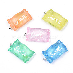 Transparent Resin Pendants, with Paillette & Platinum Tone Iron Peg Bail, Candy with Word Sweet, Mixed Color, 37x20.5x9.5mm, Hole: 2mm(X-RESI-S356-54B)