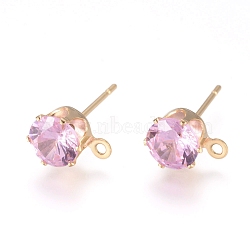 Brass Stud Earring Findings, with 316 Surgical Stainless Steel Pin, Cubic Zirconia and Loop, Long-Lasting Plated, Flat Round, Real 14K Gold Plated, Pink, 8x6x5.5mm, Hole: 1mm, Pin: 0.7mm(KK-L199-B04-G)