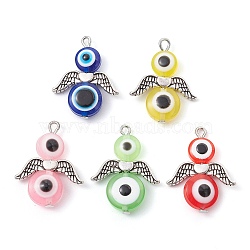 Evil Eye Resin Bead Pendants, Angel Charms with Alloy Wings, Antique Silver, 25.5x20x5~5.5mm, Hole: 1.6mm(PALLOY-JF02380-01)