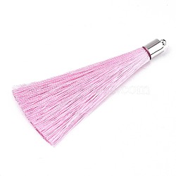Fiber Tassel Big Pendant Decorations, with Platinum Plated Brass Finding, Pearl Pink, 70~73x7~25mm, Hole: 1.8mm(FIND-R085-020)